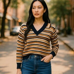 Madewell Blue Cream Orange Striped Long Sleeve V Neck Chunky Knit Sweater‎ XXS